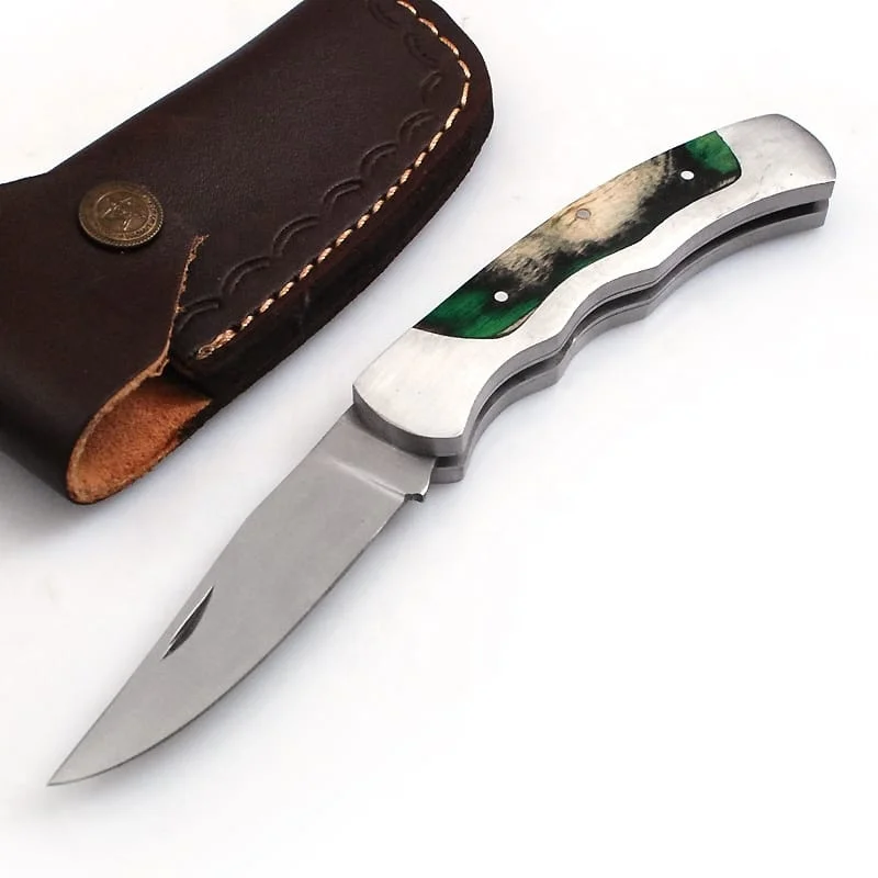 Handmade Custom Stainless Steel Fixed Blade Pocket Knife Damascus Material for Outdoor Camping Hunting DIY Grade Leather Sheath