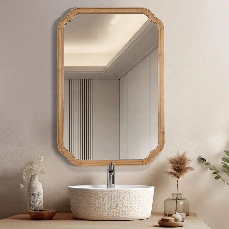 SWT Modern Country Decoration Wood Frame Round Corner Arched Rustic Wall Mirror