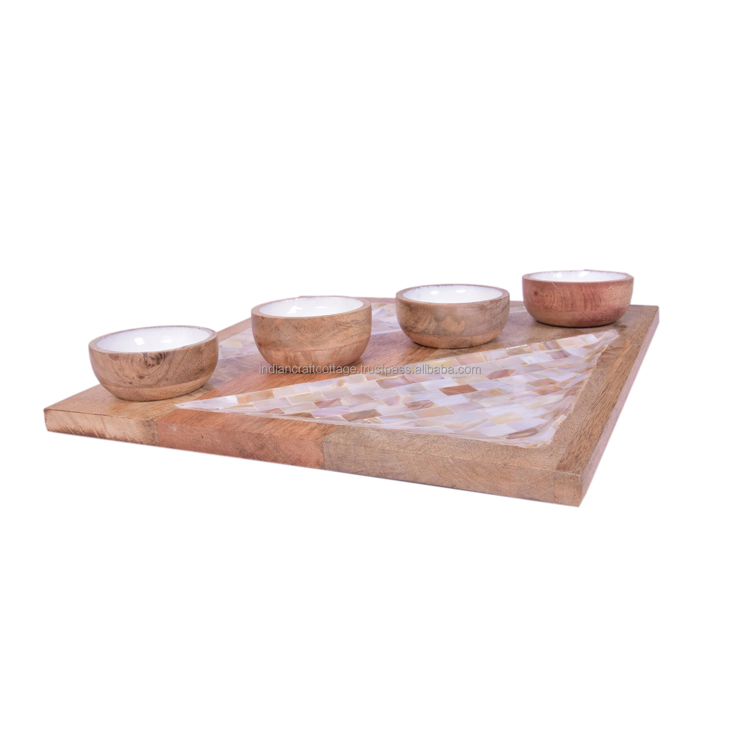 Mother of Pearl wooden snack platter Round serving tray Rustic platters Serving platters with four Bowls