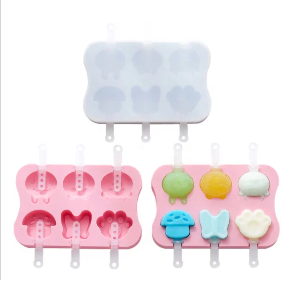 Amazing 6 Cavities Homemade DIY Reusable Silicone Cartoon Shaped Ice Cream Pop Maker Mold with Lids and Wooden Sticks