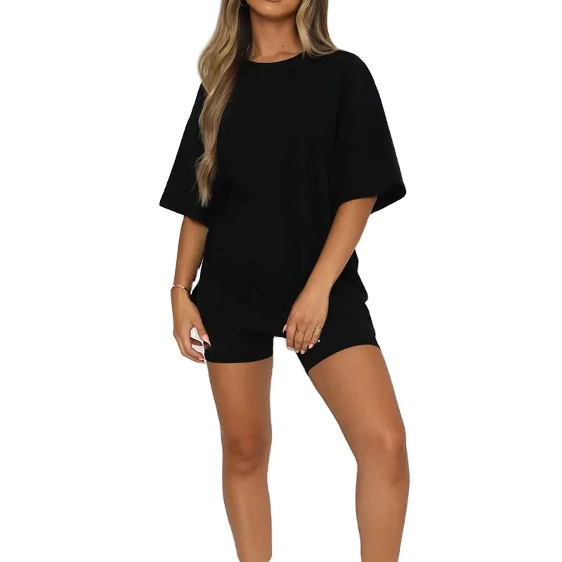 Womens Biker Short Set Tee Oversized Drop Shoulder T Shirt Cycling Shorts coton 2 Pieces Tracksuit Lady Streetwear Manufacturers