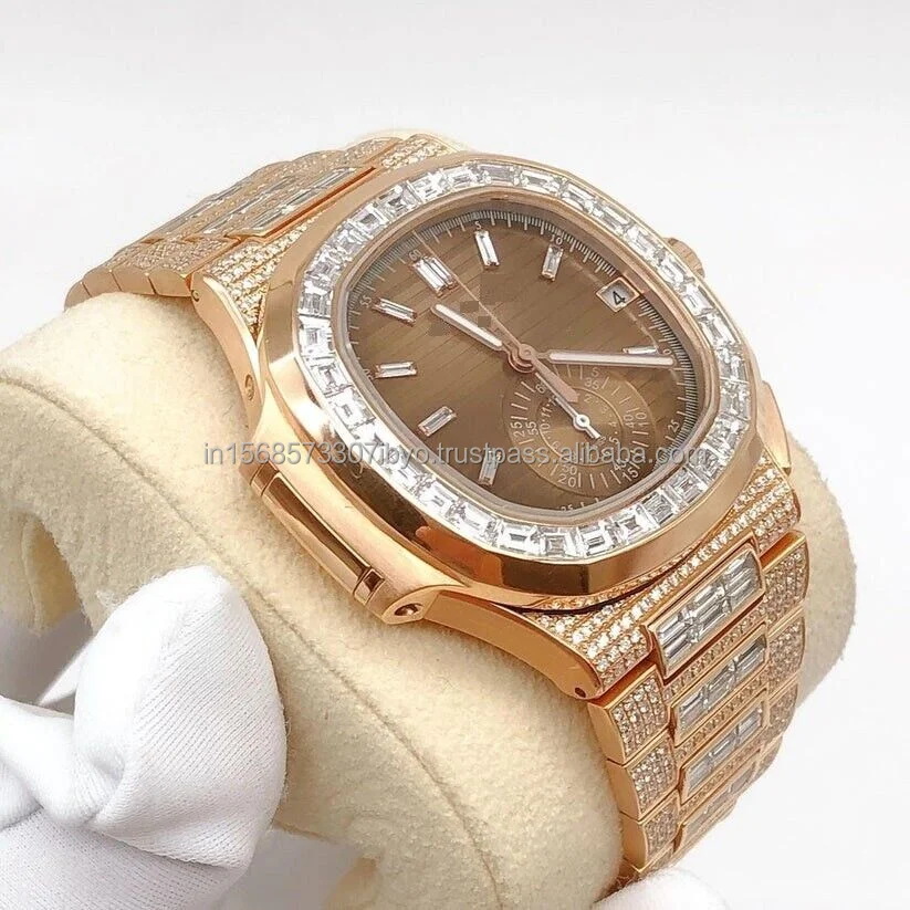 Luxury custom design Yellow gold designer Jewelry Moissanite Diamond Watch Premium Emerald cut Designer party wear Branded watch