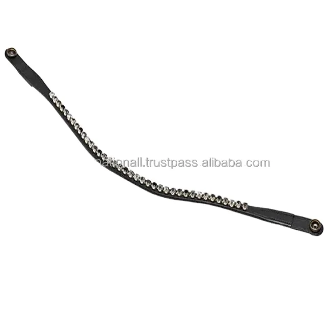 HIGH QUALITY EQUESTRIAN GENUINE LEATHER HORSE BROW BAND  WITH BLACK TRANSPARENT CRYSTAL CHAIN