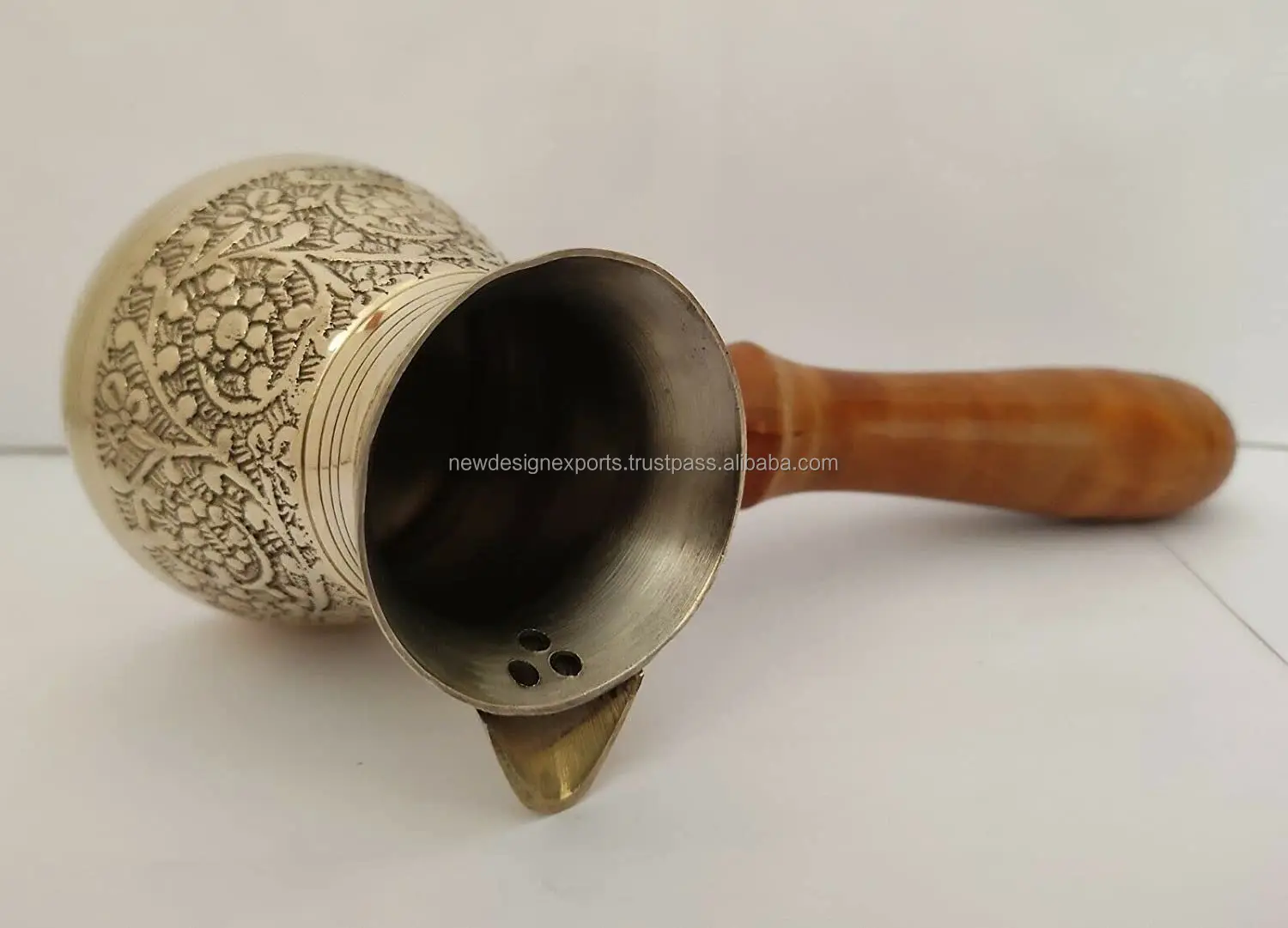 Golden Turkish Greek Arabic Coffee Pot Brass Metal Coffee Maker Cezve Ibrik Briki with Wooden Handle ( Medium - 13 Oz)