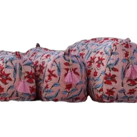 Set of 3 Pieces Indian Cotton Floral Print Toiletry Bag, Travel bag, Make up Pouch, Quilted Wash Bag, Shaving Kit, Vanity Case