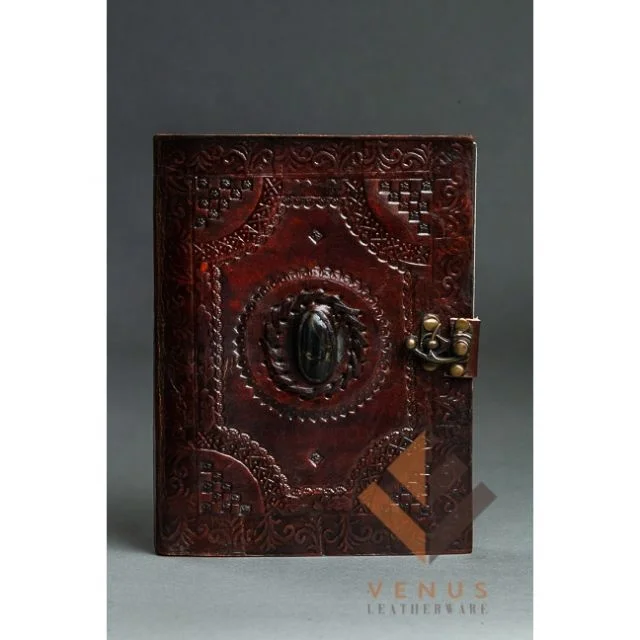 LW Vintage Handcrafted Genuine Leather Embossed Stitched Stoned Diary Leather Note Book 200 Paper