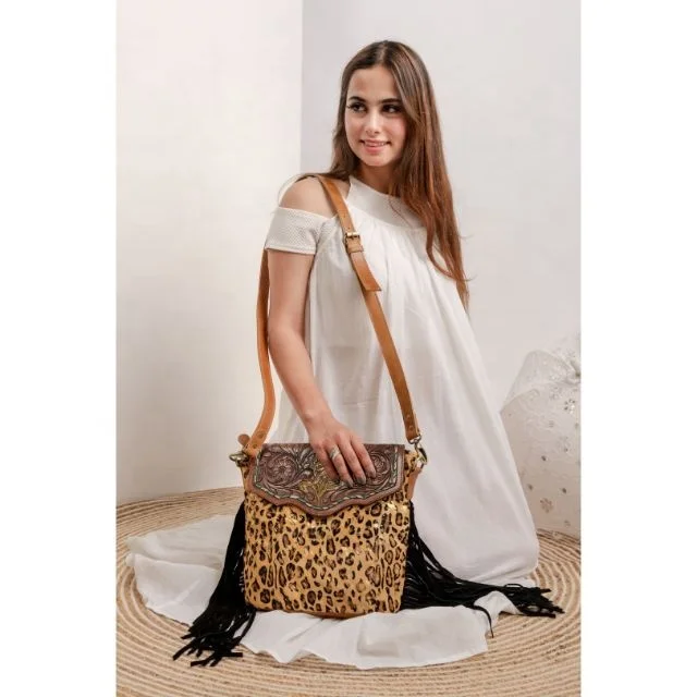 Carving Leather Handbag Fringe Shoulder Crossbody Sling Bags Women Tooled Tassel Leather Bags