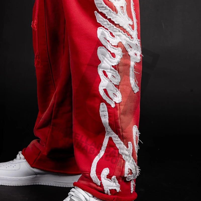 OEM Custom Patch Embroidery French terry Cotton Distressed Raw Hem Acid Wash Sweatpants And Hoodie Set For Men