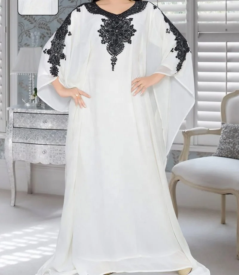Super Trendy White Caftan Long Gold Beaded Dress Kaftan Maxi Dress Dubai Traditional Muslim Clothing Accessories Wedding Evening