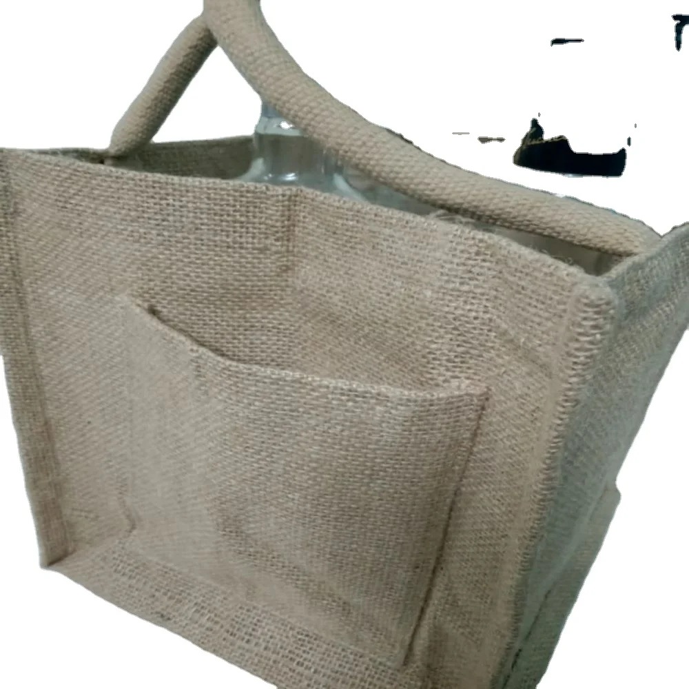 Jute wine bag with Clear window water prove cotton round handle Natural Burlap Wine Tote Bags small packaging jute wine bag