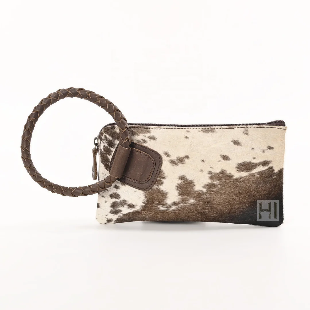 New Arrival Western Cowhide Hairon Hand Clutch Hand Knitted Handle Cowhide Leather Clutch for Women Daily Use