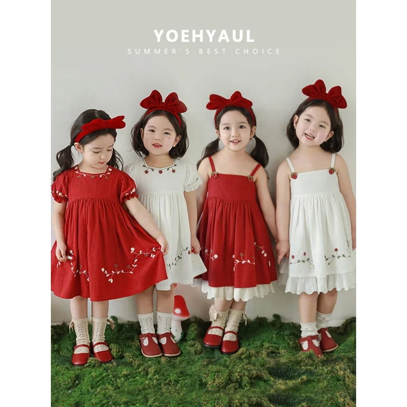 YOEHYAUL NO MOQ Embroidery Red Cotton Baby Girls Dress Child Strap / Short Sleeves Summer Wholesale Kids Girls Fashion Dress