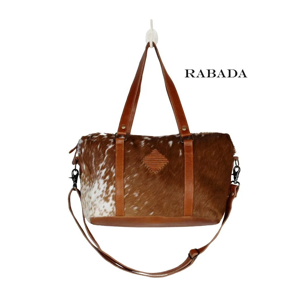 Travel Cowhide Hairon Luggage Bag Vintage Overnight Duffle Leather Camping Hiking Bag Handmade Weekender Bag For Men And Women