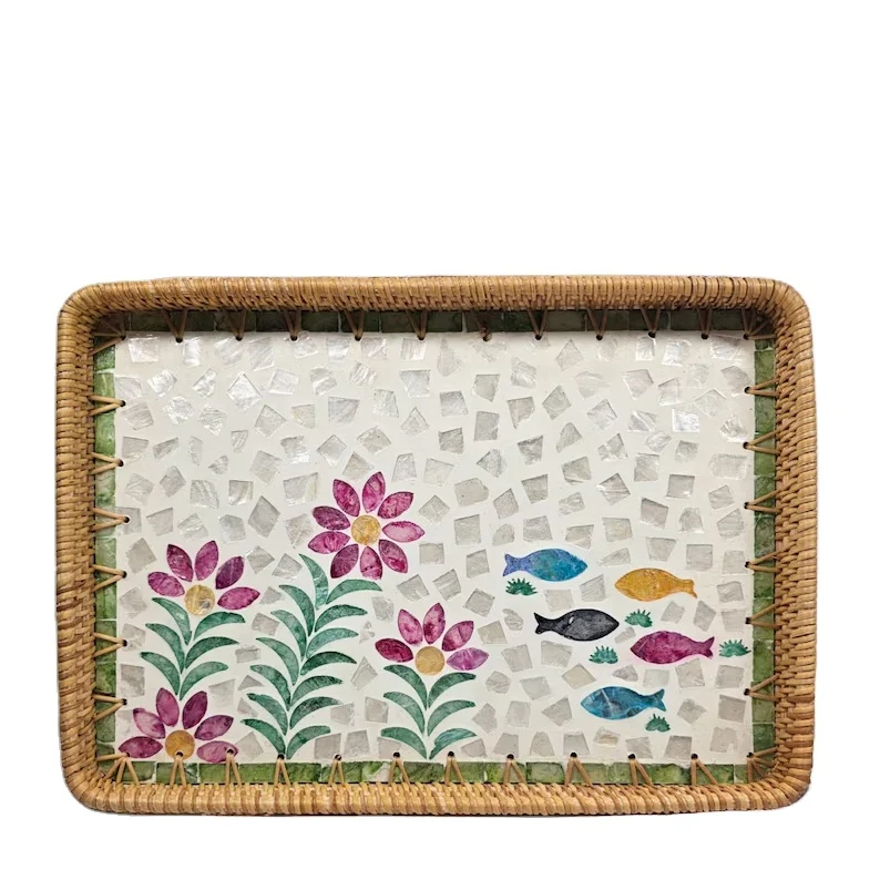 Best luxury Square Mother of Pearl inlay trays combine rattan MOP tray with factory price from Viet Nam Hot Sales