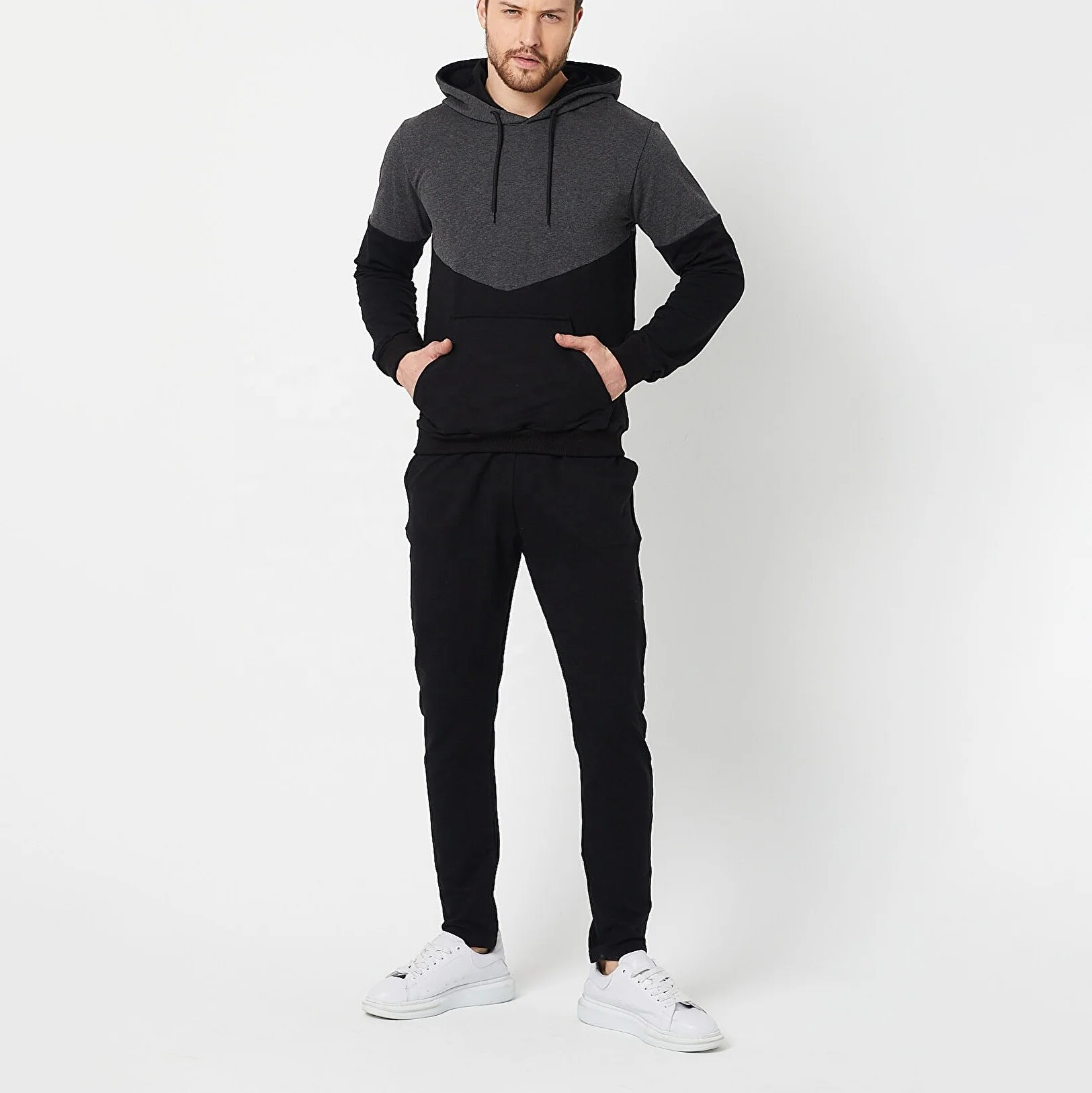 Hot Selling Stylish Color Block Sweat Suit Pullover hoodie with Pant Set / Nice Design Tracksuit 2023