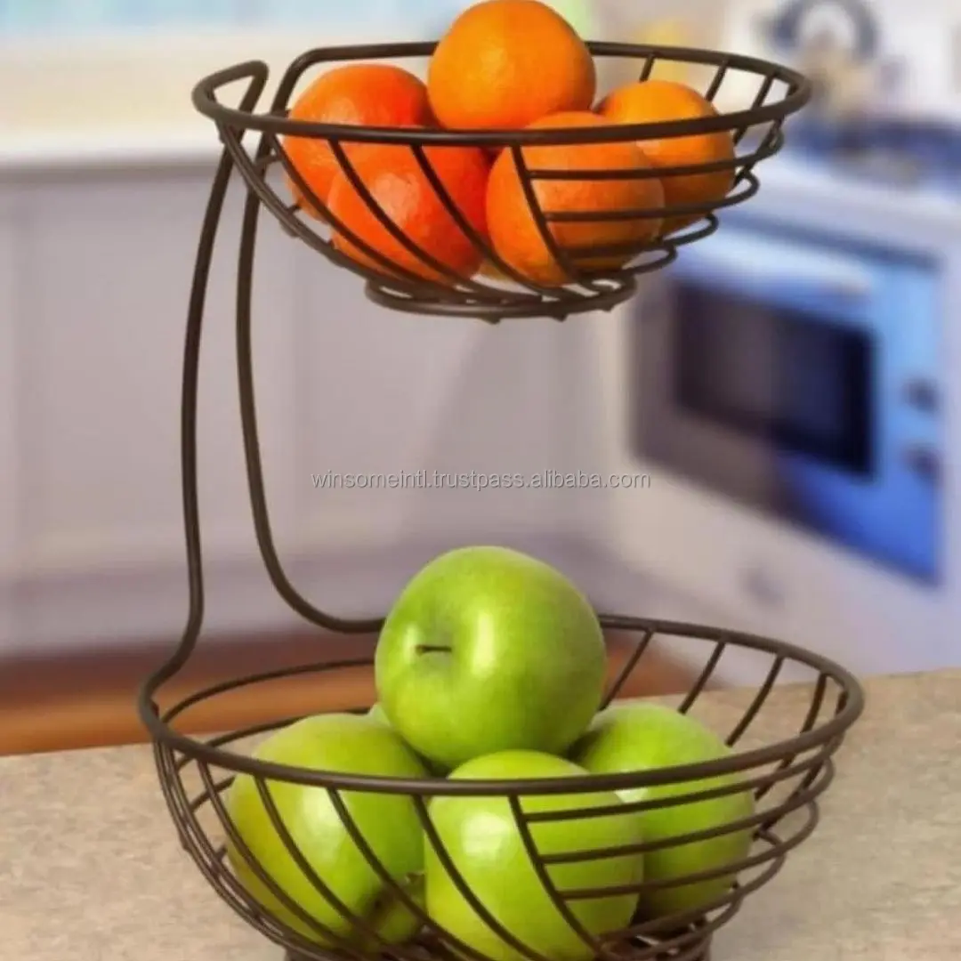 
Unique Beaded Round 2-tier Metal Fruit Storage Basket for home and kitchen decoration. 