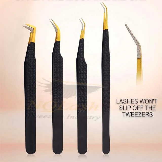 tweezers 90 degree for eyelash with Diamond grip fiber tip Private Label Custom Logo Volume Stainless Steel Lash  tweezers