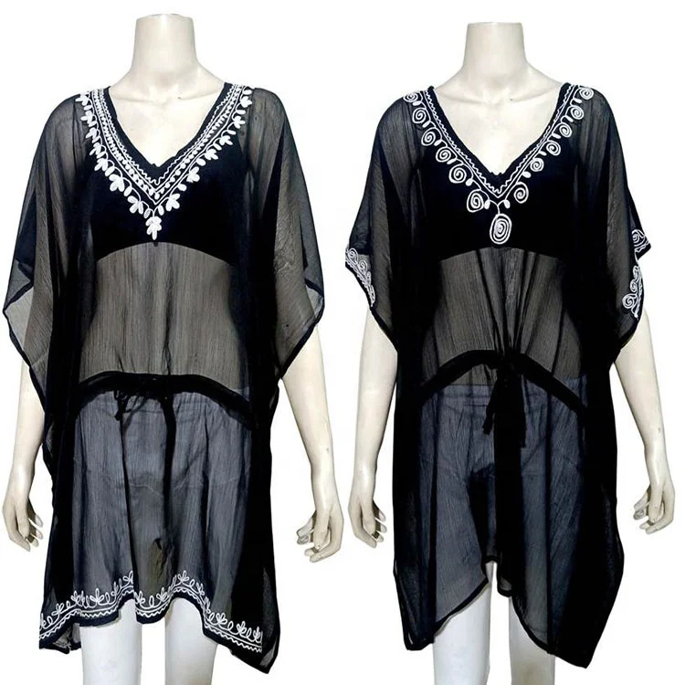 2024 Wholesale Beachwear black color Cover Up Embroidered Cover Up Swimwear Women Beach Bathing Suit Cover Ups for ladies