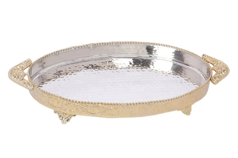 Oval Hammered & Engraved Silver Plated Tray with Gold Border silver plated serving tray with handles