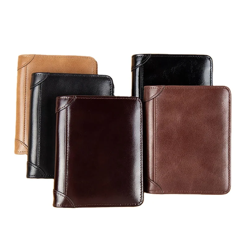 Custom Brown Full Grain Genuine Leather Short Wallet Men Crazy Horse Anti Rfid Blocking Pure Leather wallet