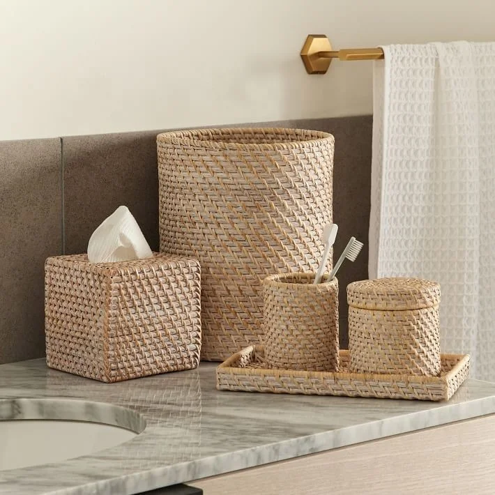 Hot Sale Natural Handwoven Rattan Waste Basket Bathroom Accessories Hotel Supplies OEM Variety of Size from Vietnam Manufacturer