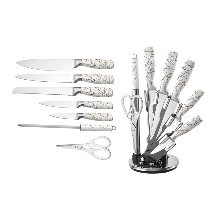 Fashion marble design hollow handle kitchen knife set in acrylic holder high quality chef knife sharpener shears extra sharp