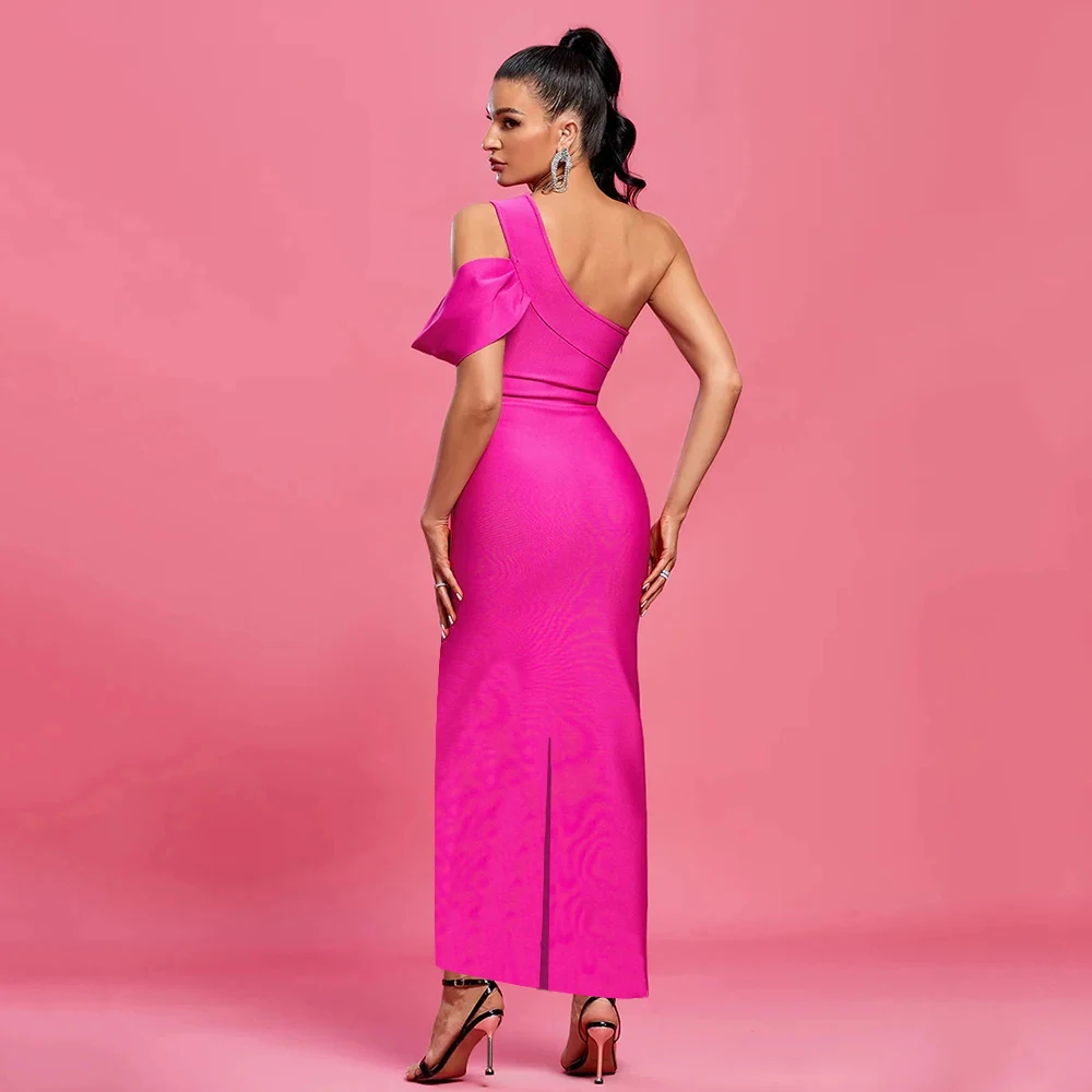 New Fashionable One Shoulder Backless Long Dress 2023 Elegant Rose Red Sleeveless Slim Tight Casual Slim Bandage Party Dress