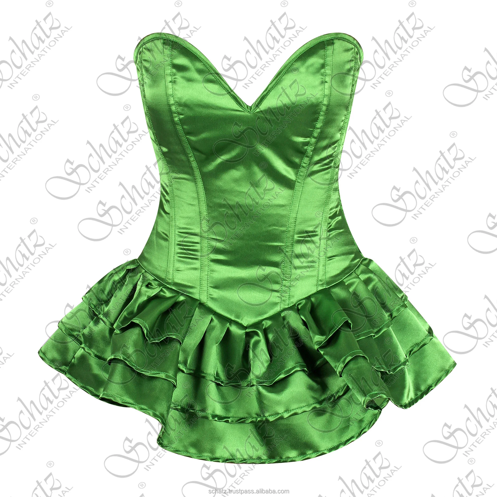Women Strapless White Lace Victorian Corset Dress Bright Green Satin Peplum Style Bow Accented Strapless Lace Up Corset Top
