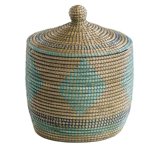 Round storage trunk seagrass basket with lid grey traditional style seagrass baskets wholesale