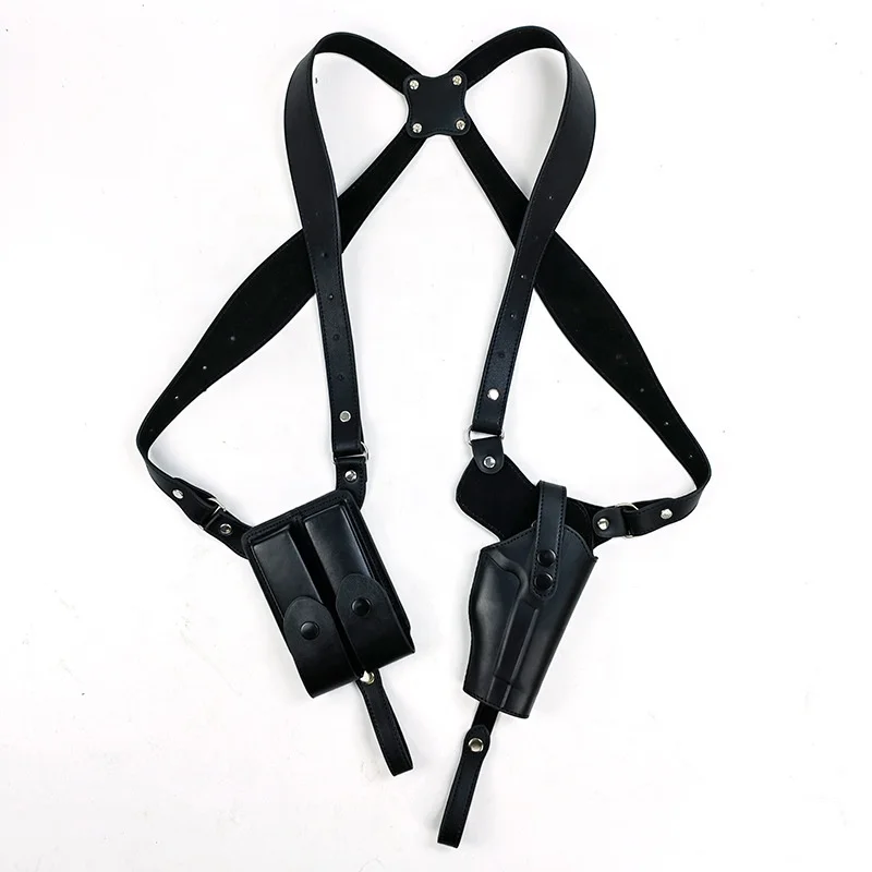 Custom Carry Vertical Concealed Universal Real Genuine Leather Shoulder Holster with Double Mag Pouch