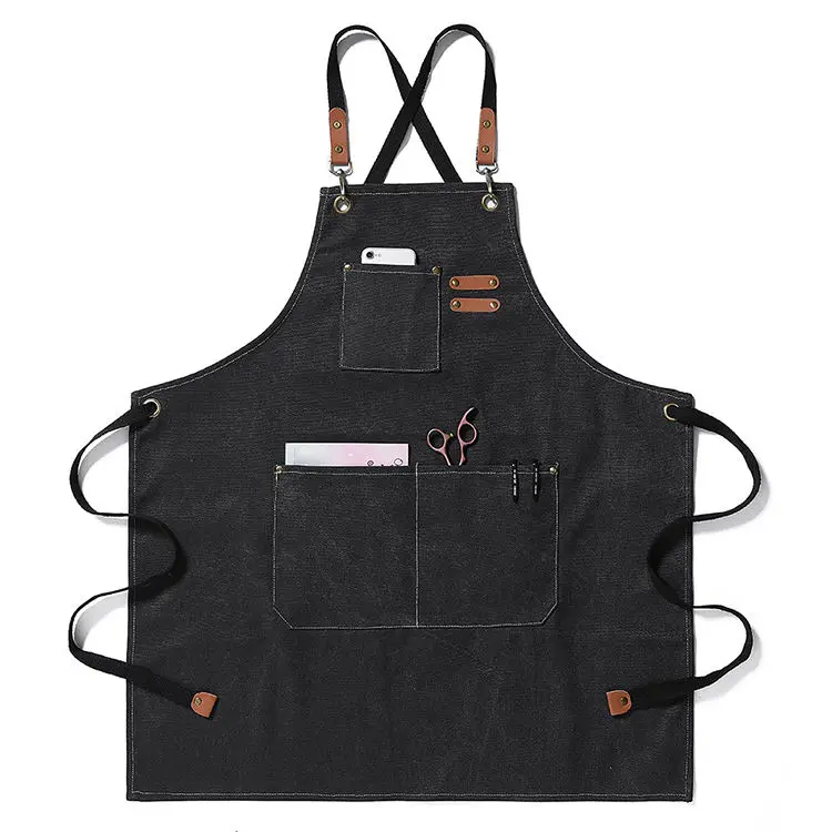 Custom Logo Bbq Restaurant Beauty Salon Barista Cafe Coffee Shop Bakery Denim Canvas Chef Kitchen Apron with Leather Strap