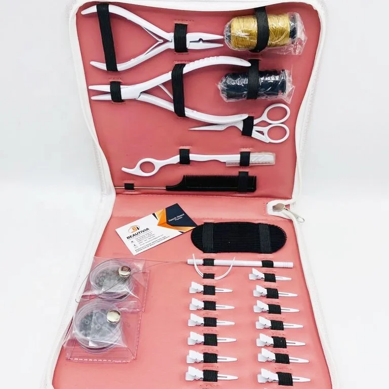 Best Selling White Matte Hair Extension Tool Kit Set Professional Hair Pliers With Micro beads, Alligator Clips, Scissors , Loop