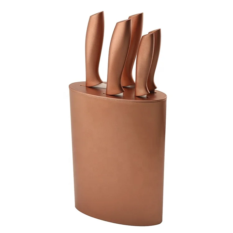 Yangjiang Factory, 5pc kitchen Chef bread slicer knife set stainless steel blade rose gold color handle in rose gold block
