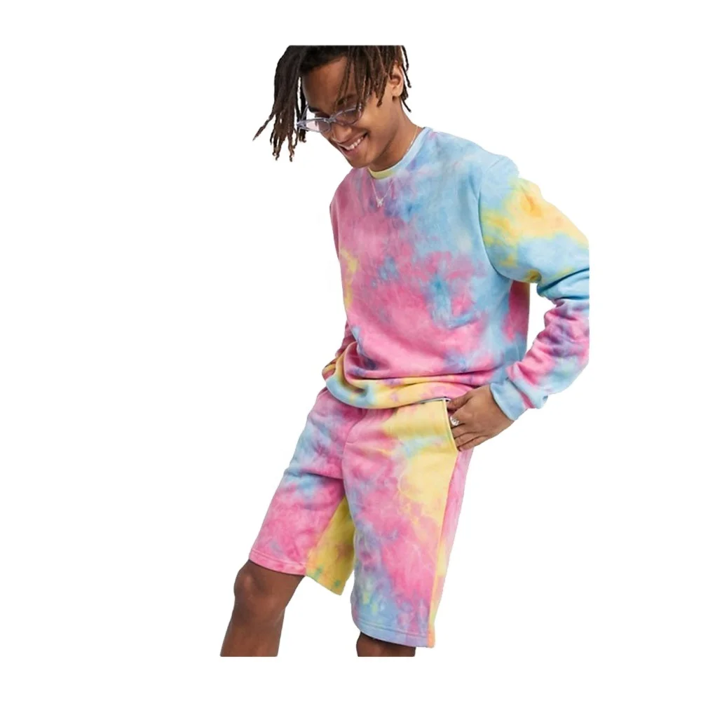 KY Side pockets Stretch waist sweatshirt and shorts co-ord shorts in candytie dye men short sets