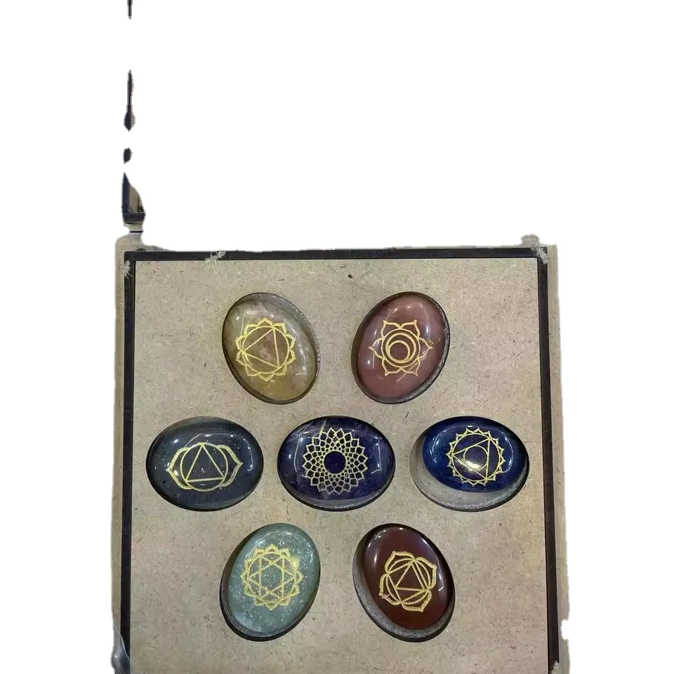 High Quality Seven Chakra Engraved Reiki Set with Flower of Life Chakra Box