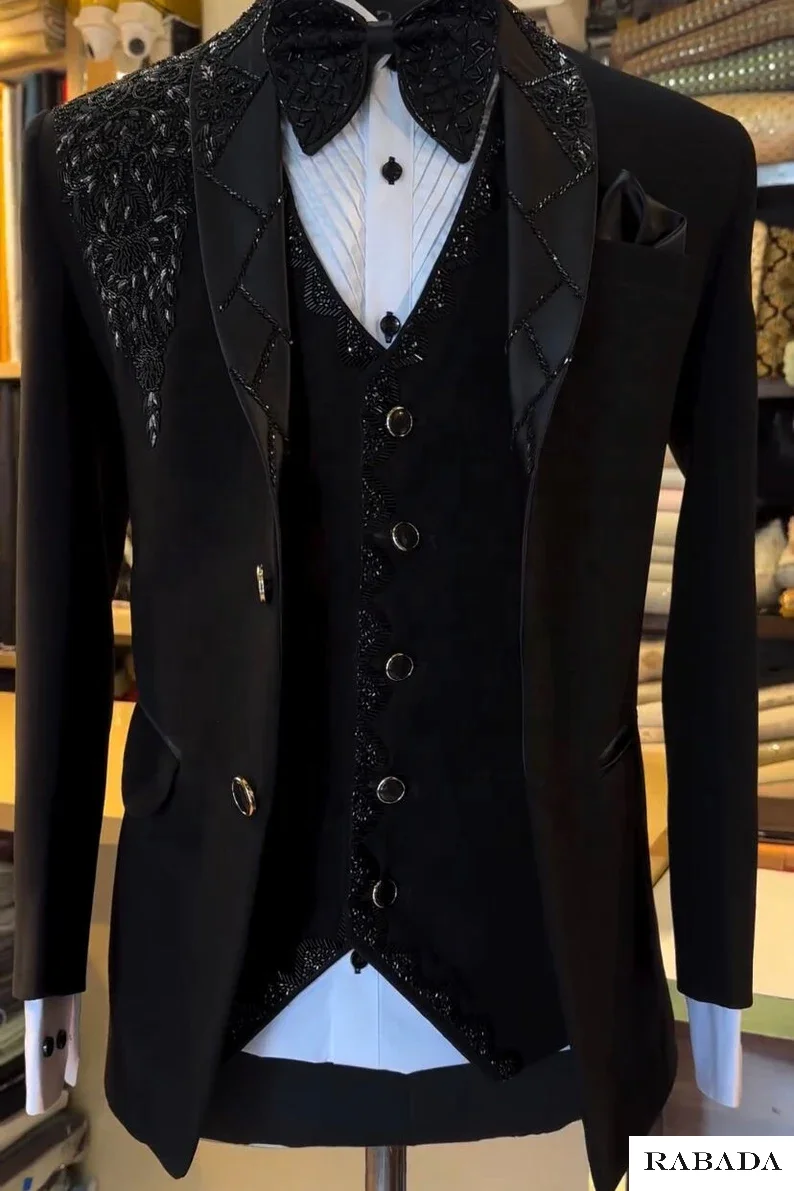 Black designer hand embroidered tuxedo, traditional groom black jodhpuri jacket, Wedding Jodhpuri Indian Jacket mens suit