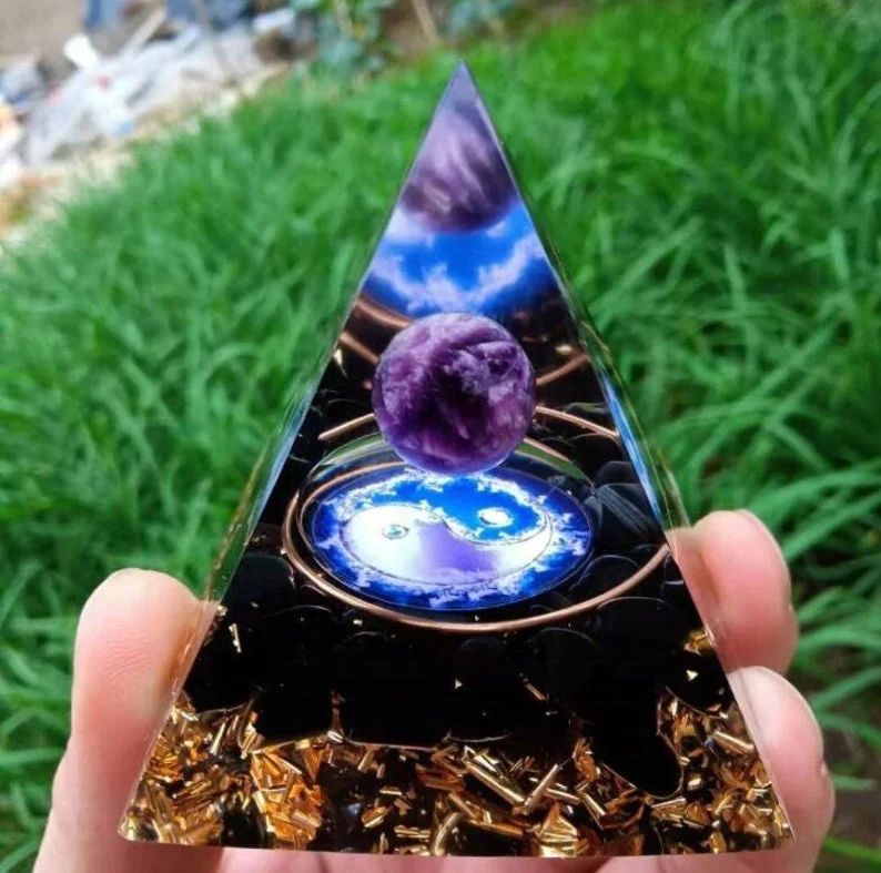 Amethyst Sphere Orgonite Pyramid-Natural Crystal Obsidian Meditation Orgone Pyramid-Positive Energy Generator