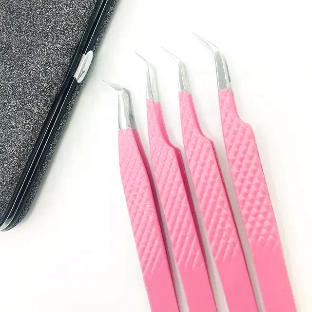 Light Pink Powder Coated Sliver Tips Diamond Grip Solid Eyelash Extension Tweezers Customized Logo Slanted Tips