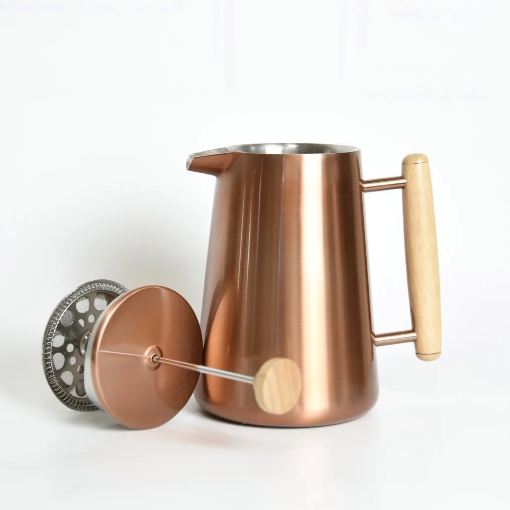 Manufacturer Food Grade Stainless Steel French Pres Coffee Maker Copper Color Wood Handle With Triple Filter Coffee Press