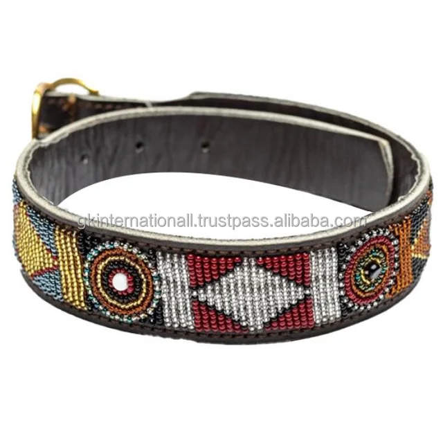 High Quality Leather Fabric - customized full colorful beaded - Brown and Black Full Grain leather dog collar - Golden metal