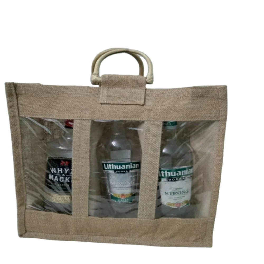 Jute wine bag with Clear window water prove cotton round handle Natural Burlap Wine Tote Bags small packaging jute wine bag