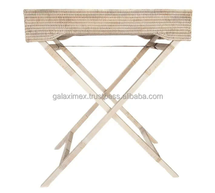 Whitewash wicker rectangular rattan butler tray with strong leg for kitchen accessories rattan serving trays