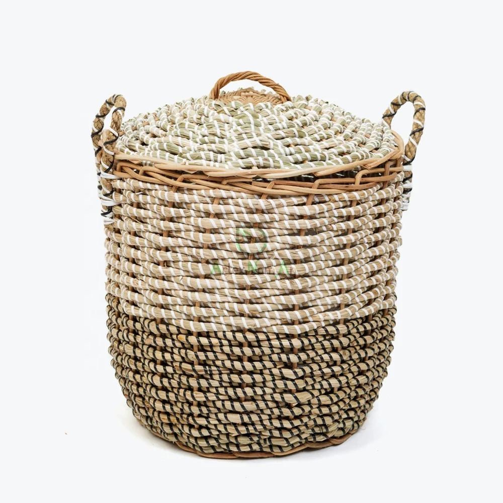 Seagrass storage basket with lid/large laundry basket/hamper baskets