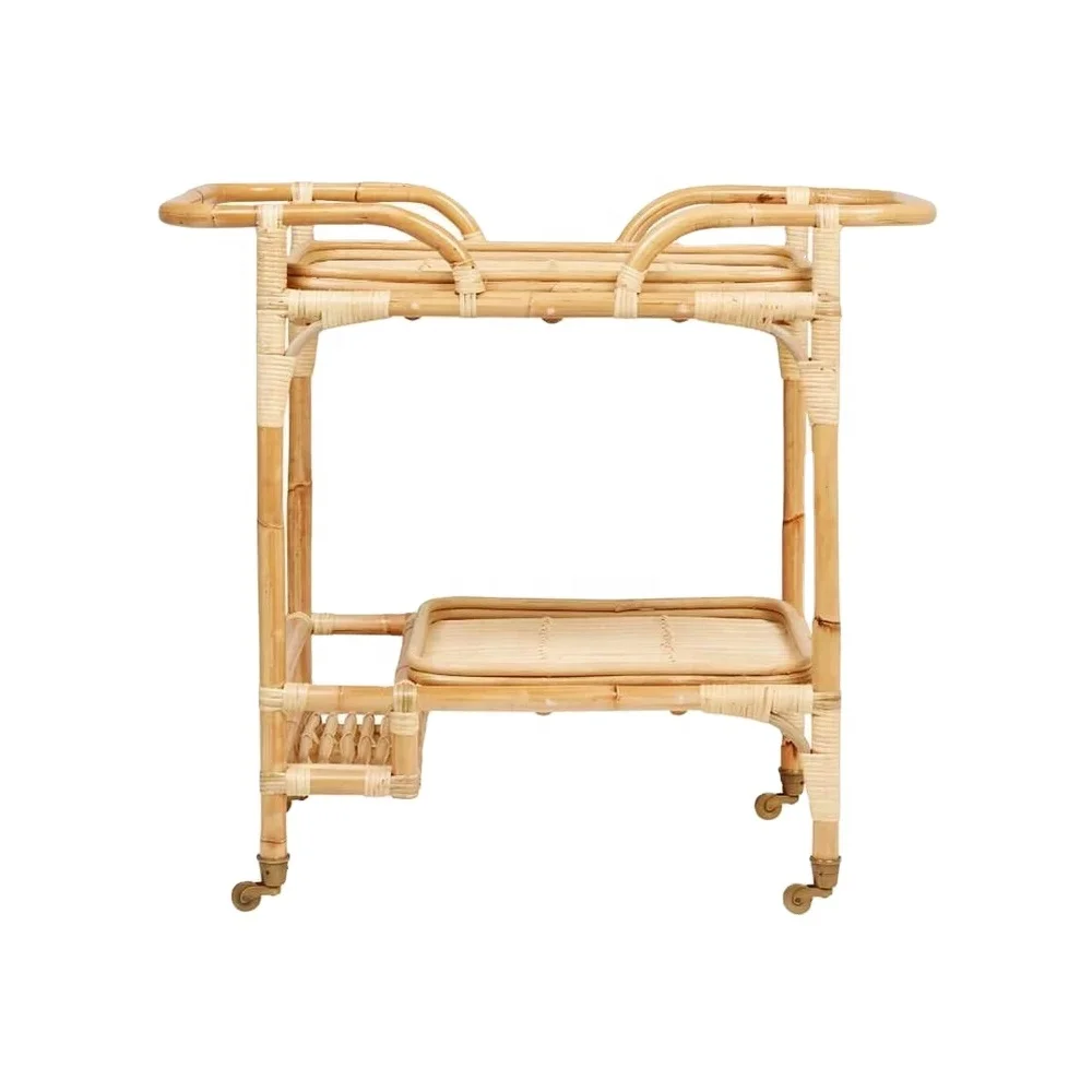 Sindoro Trolley Handmade Rattan Wicker Serving Moving Cart, Bar Table