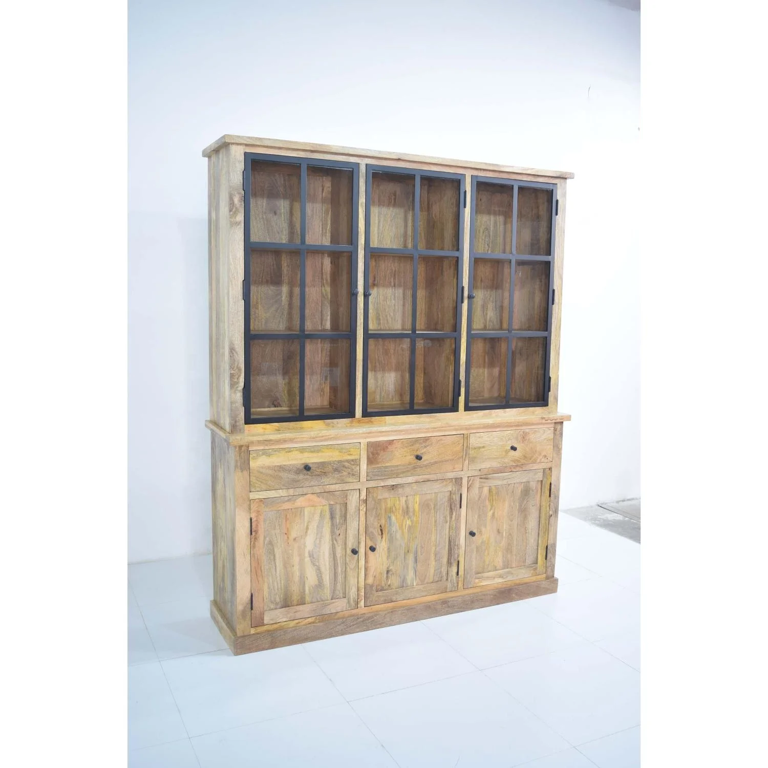 Solid Mango Wooden Glass Door Display Storage Vintage Industrial Living Room Cabinet Hutch Buffet Display Showcase European
