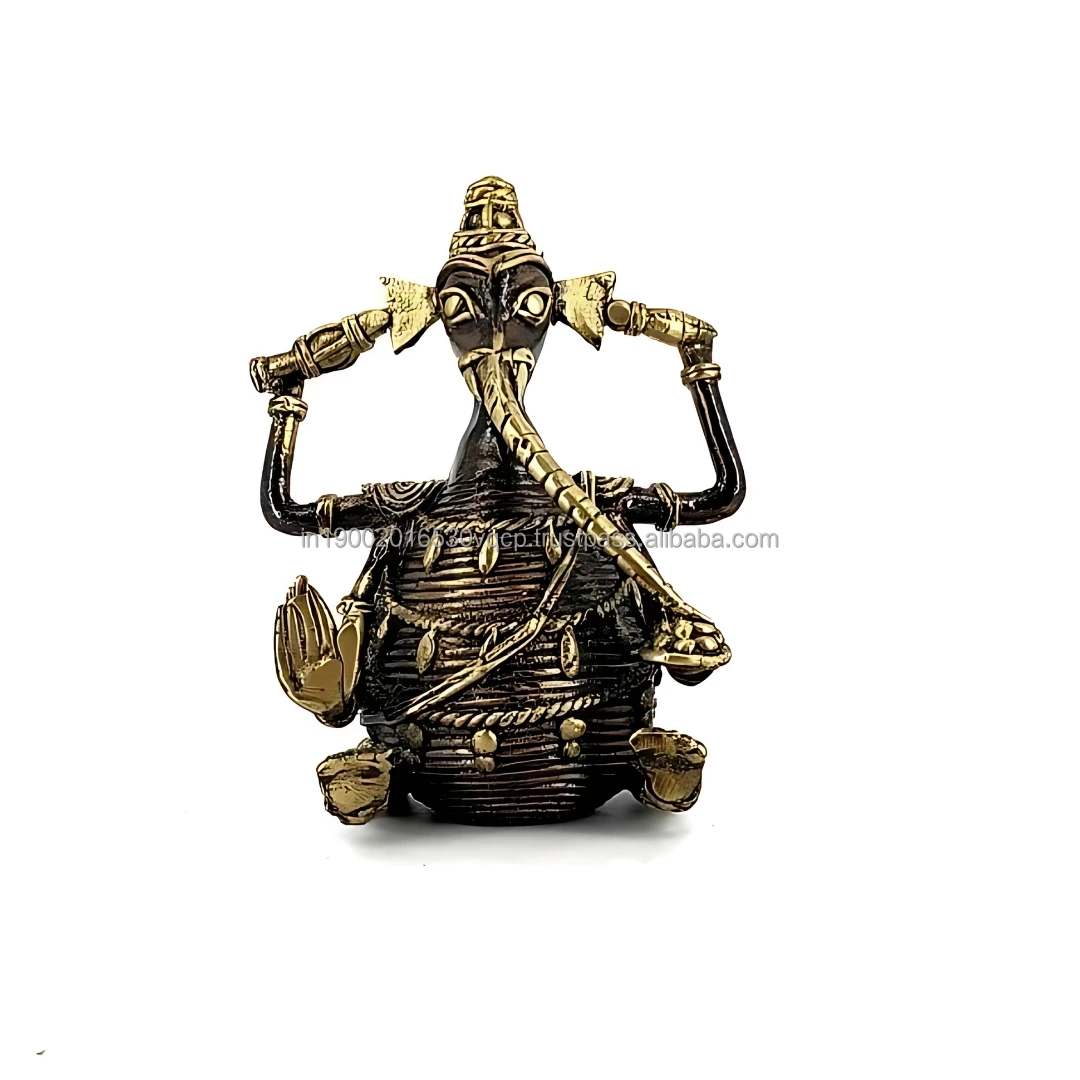 Племенной латунный храм пуджи ручной работы Ganesha Idol антикварное искусство 4 дюйма для украшения стола из Индии