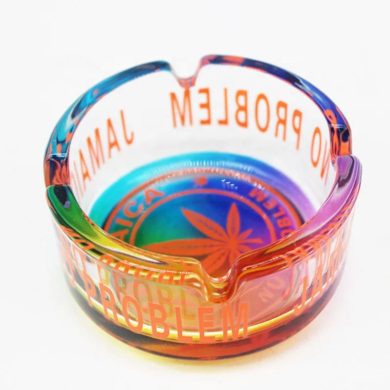 Bulk Sales Popular Glass Ashtray with Personality Printing Portable Creative Round Smoking Clear Ash Tray Set for Cigar