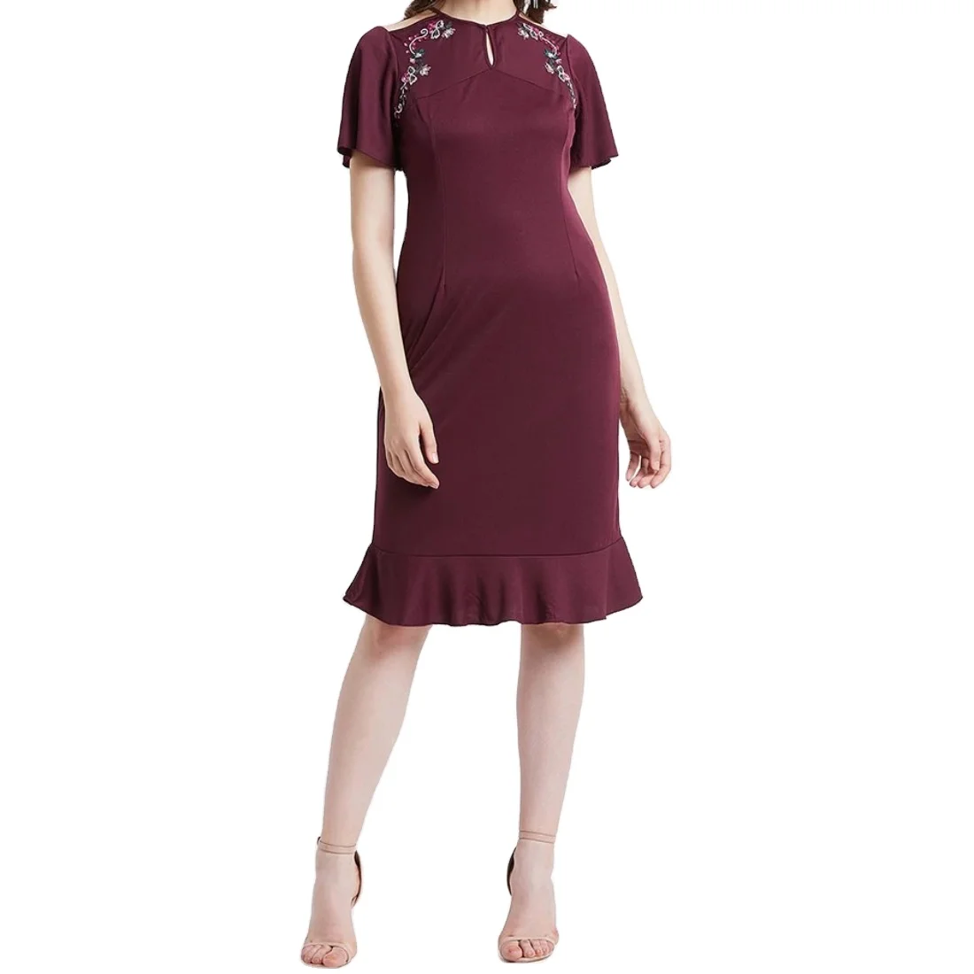 Latest Style Key Hole Neck Embellished Detail Sheath One Piece Dress Decorative Patterns Rich Material High Quality Fabric