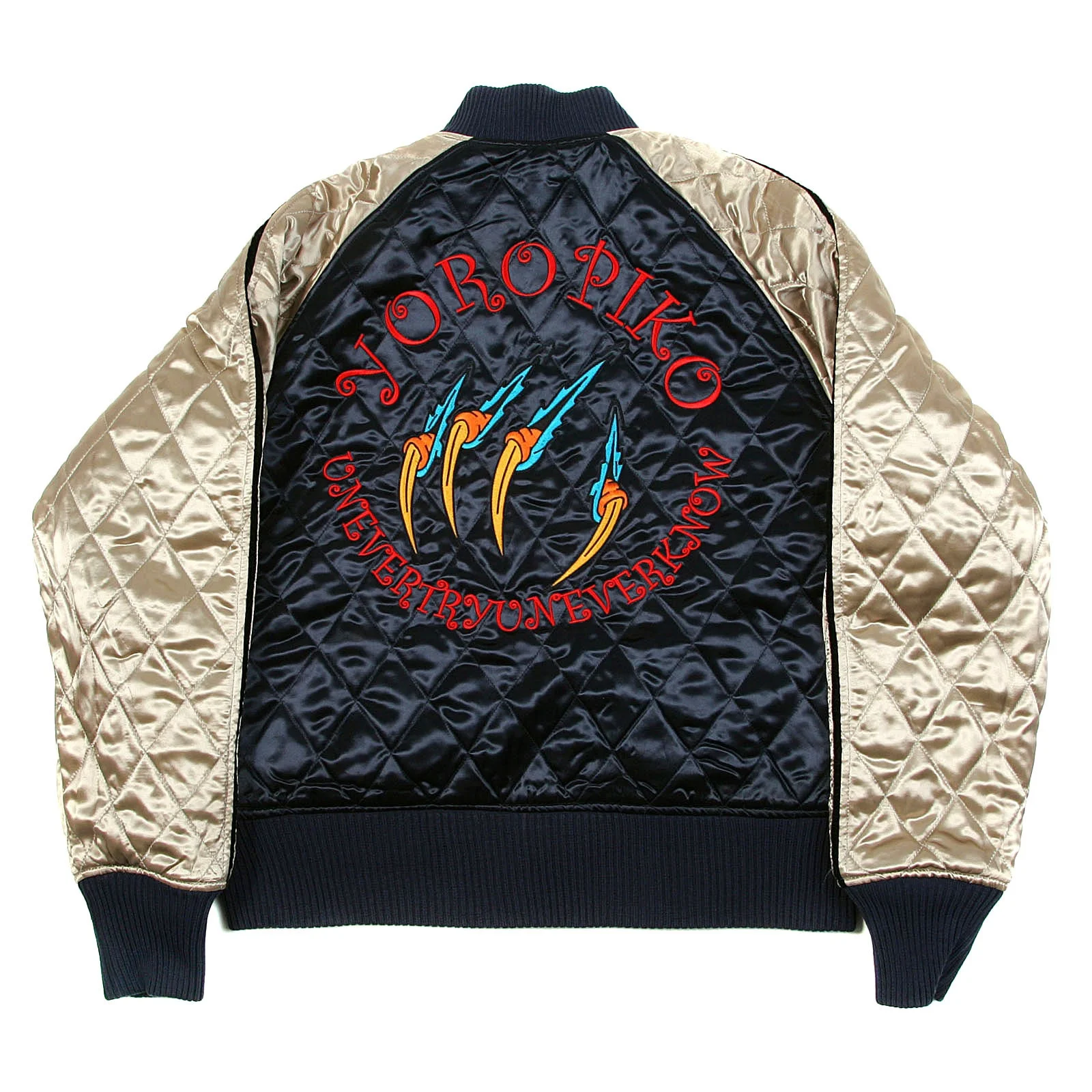 
OEM Custom Varsity Silk Reversible Quilted Jacket with Embroidered Claw Hungry Dragon Japan Bomber Jackets black body Plus Size 