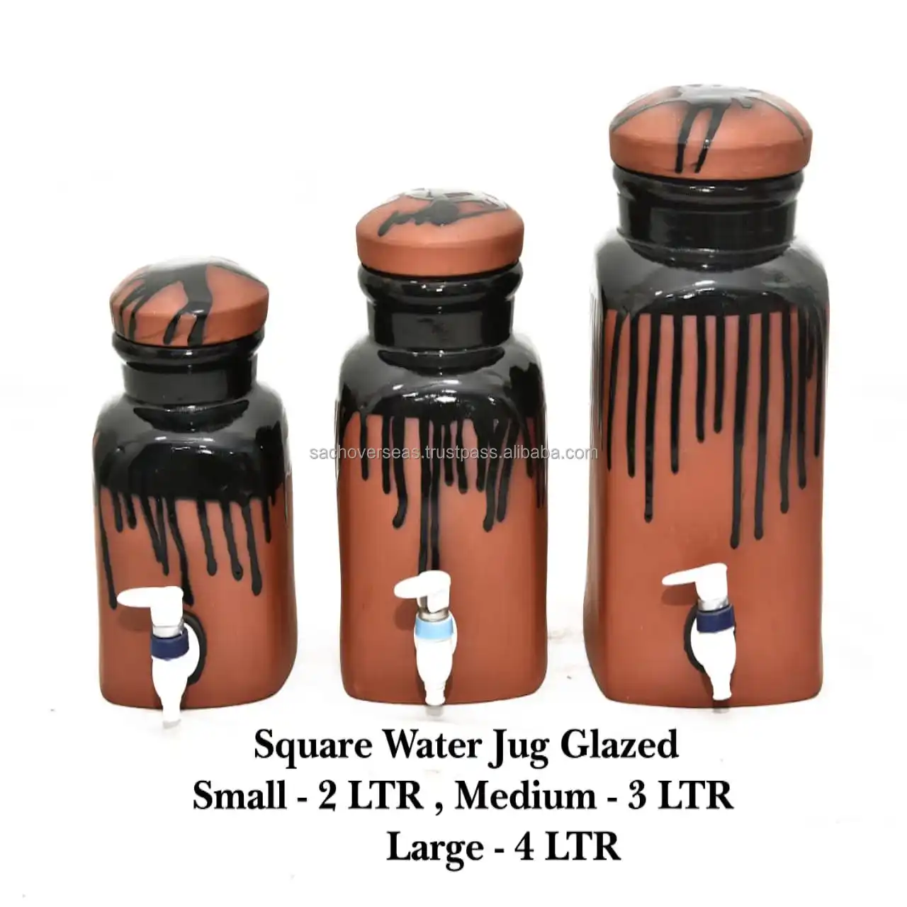 Best Quality Glazed Terracotta Black Brown Square Water Dispenser Set of 3, Eco Friendly Water Pots